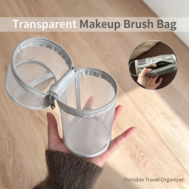 Transparent Mesh Makeup Brush Bag Portable Lightweight Cylindrical Cosmetic Organizer Travel Storage Pouch Makeup Tool Holder