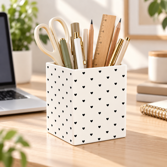 Plastic Storage Box Heart Print Organizer Desktop Pen Holder Kitchen Utensil Container Makeup Brush Holder Bathroom Storage Cup