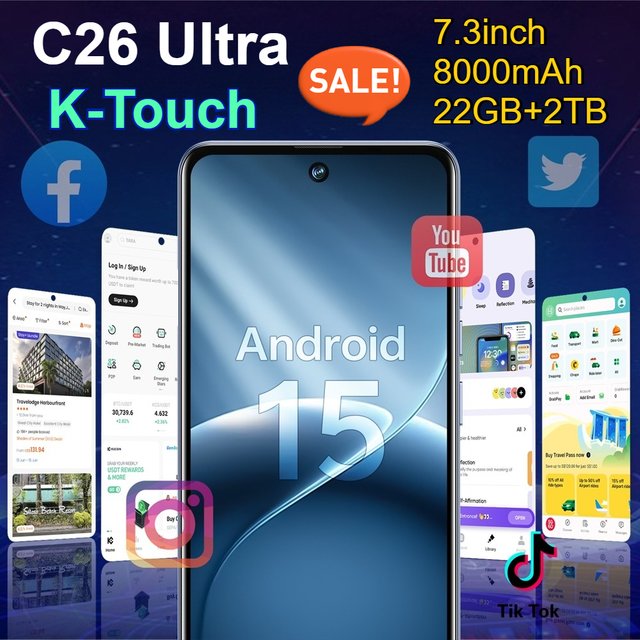 Smartphone K-Touch C26 Ultra, écran complet de 7,3 pouces, téléphones mobiles, 22 Go + 2 To, batterie de 8000 mAh, téléphone portable 5G, double SIM, déverrouillage par reconnaissance faciale, Android