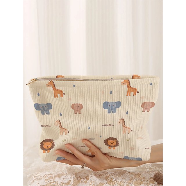 1, Animal Patterned Corduroy Makeup Bag, Lightweight Zipper Makeup Storage Box, Multifunctional Bag with Lining
