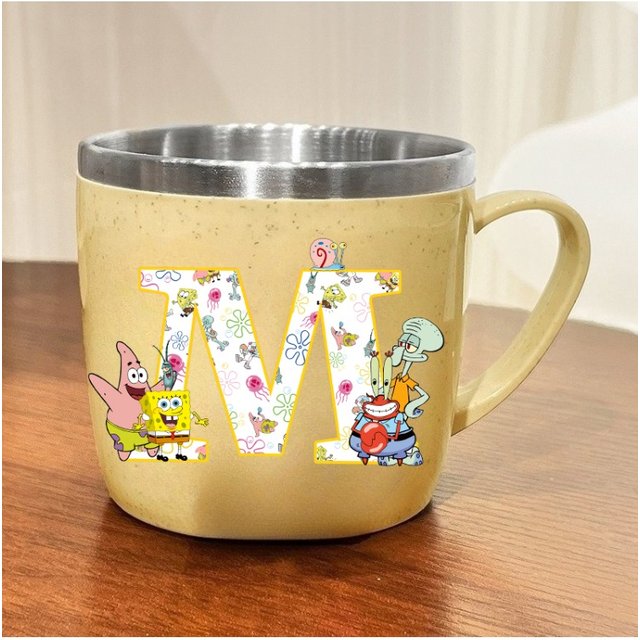 SpongeBobs Stainless Water Cup Kids Anime Letter A-Z Gargle Toothbrush Cups Boys Girls Breakfast Milk Coffee Mug Children Gift
