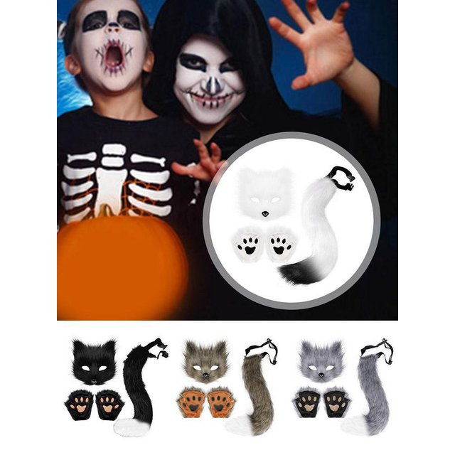 3D Wolf Claw Gloves With Realistic Half-face Mask Fluffy Fur Tail Cat Paws Gloves Set Halloween Cosplay Costume Accessories