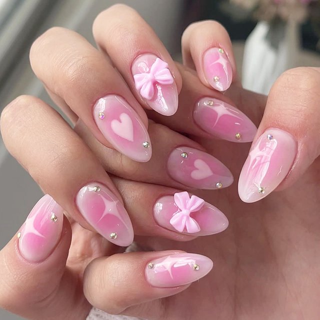 24 pièces Blush rose faux ongles amande 3D nœuds papillon décoration presse sur ongles couverture