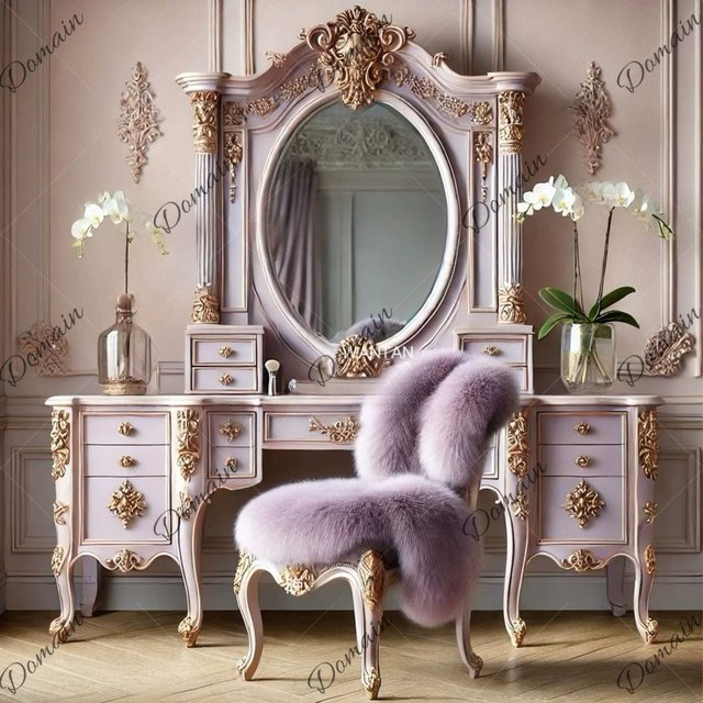 French retro carved dresser with makeup mirror, multi-drawer carved makeup table, pink-purple dressing cabinet