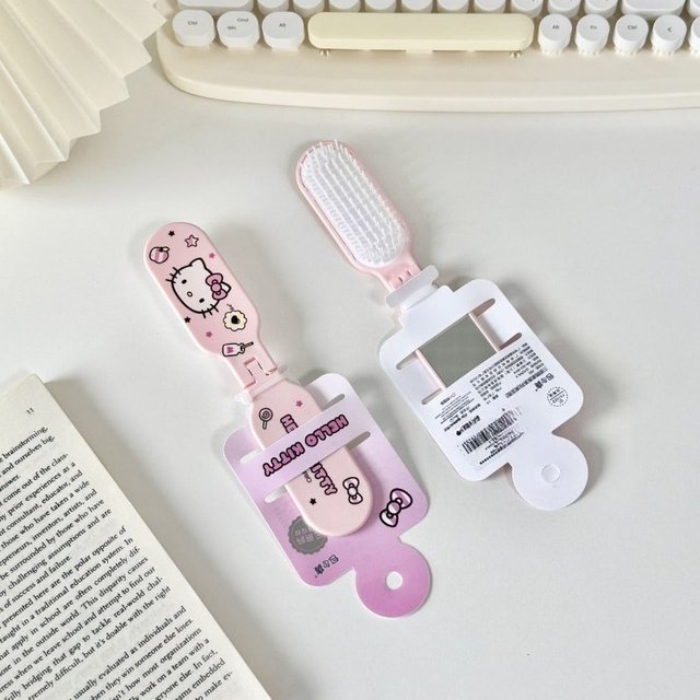 Hello Kitty 2-in-1 Foldable Comb Set Compact Travel Hairbrush with Mirror Portable Pocket-Size Grooming Tool for women & Girls