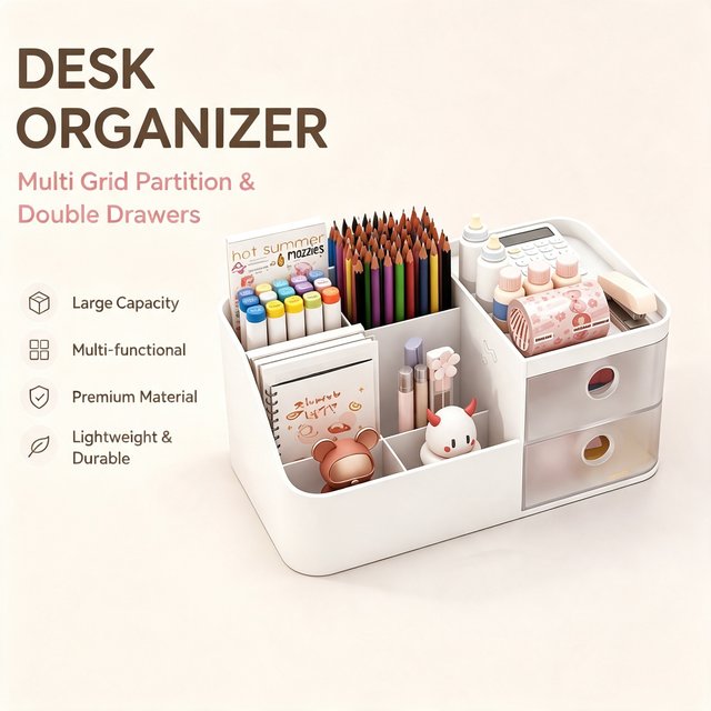 Desktop Organizer Multi Grid Stationery Storage Box Plastic Desk Caddy Pen Holder for Office School Cosmetic Small Supplies
