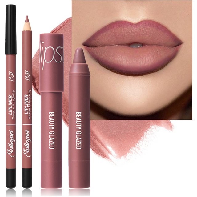 2Pcs/Set Lipliner + Lipstick Matte Waterproof Long-Lasting Lip Color Set - Lip Liner + Moisturizing Lipstick Cosmetics