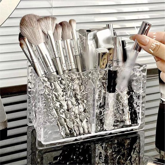 Light Luxury Water Ripple Makeup Brush Double Compartment Storage Box Makeup Desktop Cosmetics Organizer Box Pen Container