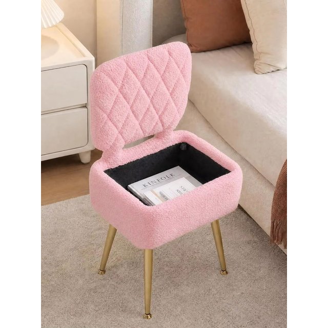 Sherpa Vanity Stool Chair with Hidden Storage - Makeup Ottoman Seat Stable, Floor-Friendly Support, Hidden Under-Seat Storage (16/18L), Soft Upholstered Small-Space Accent Chair, Gold Legs