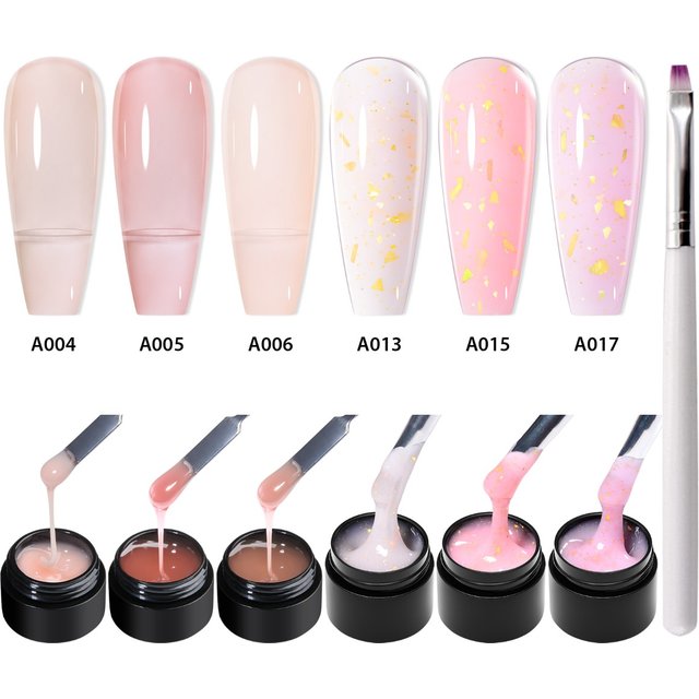 6pcs Extension Gel Nail Polish With Nail Brush Pink UV Builder Ombre Nails Camouflage Quick Extension Gel Extended Nails Art Kit