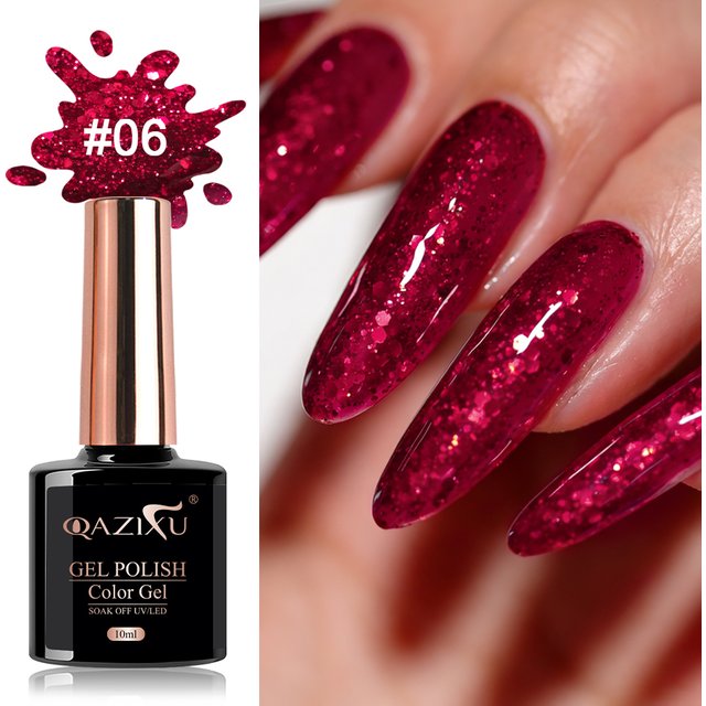 QAZIXU 1/2Pcs 10ml Red Glitter Gel Nail Polish Semi-permanent Varnish Soak Off UV LED Shinning Nail Gel Nail Art DIY