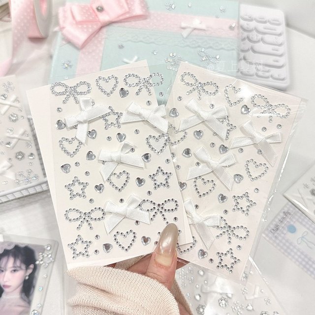 1/2pcs White Bow Snowflakes Stickers DIY Handbook Heart Rhinestones Deco Stickers Makeup Diamond