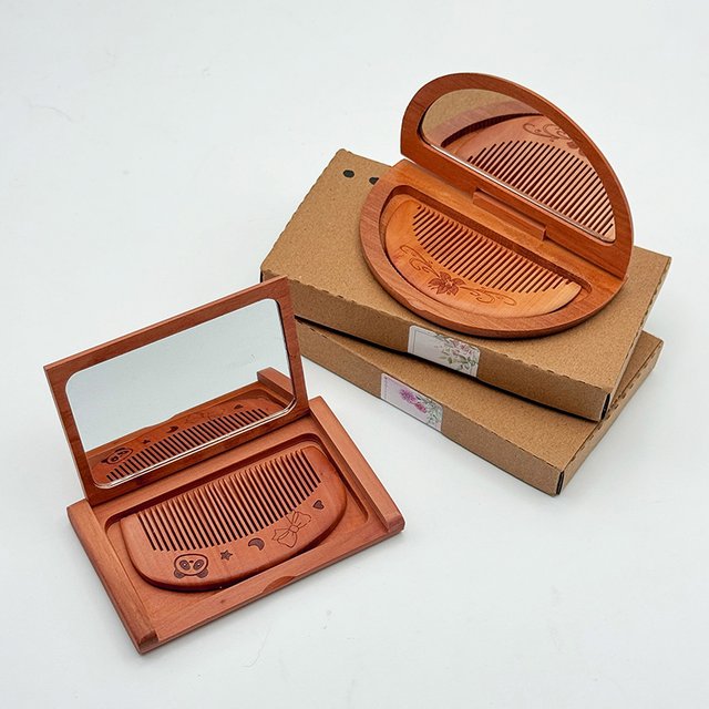 2 In 1 Wooden Comb Mirror Set Mini Vintage Makeup Mirror Peachwood Rectangle Portable Folding Mirror For Girl Lady