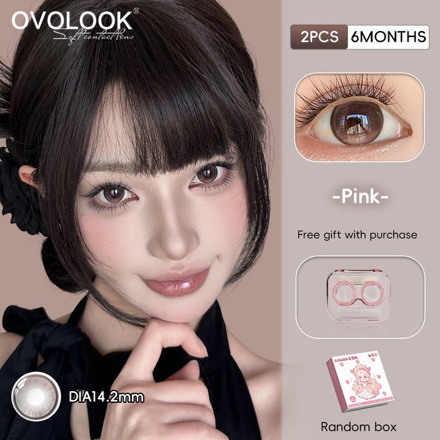 OVOLOOK 2Pcs Colored Contact Lens For Eyes Myopia Soft Lens Peach Mist Pink Gray Natural Big Eye Makeup Lens With Free Lens Case
