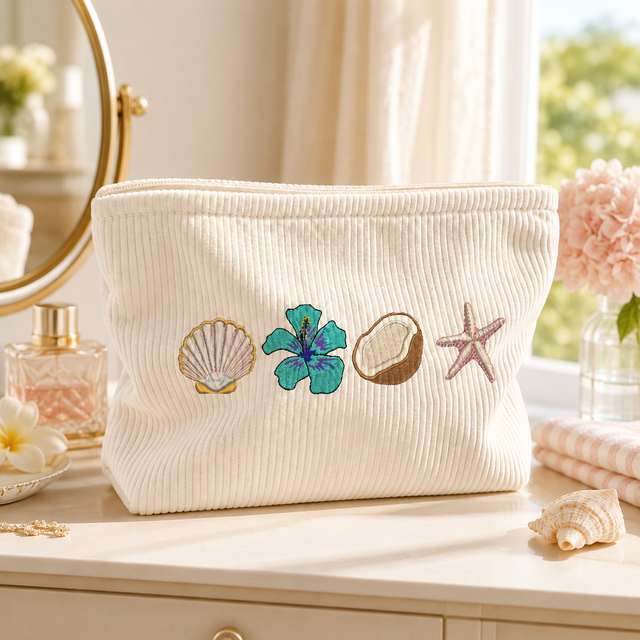 Beach Cosmetic Bag Tropical Printing Corduroy Makeup Pouch Summer Travel Toiletry Organizer Zipper Storage Case for women