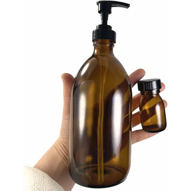 30ml–480ml Round Amber Glass Bottle – Serum Lotion Pump and Screw Cone Polycone Cap – Ideal for Shampoo, Liquid Soap, Body Wash