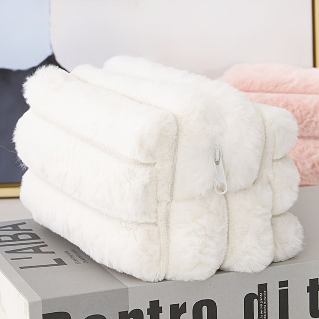 A New Solid-Color, High-Appearancy-Level, Girlish, Thick-Striped, Candy-Colored Large-Capacity Plush Cosmetic Bag Storage Bag