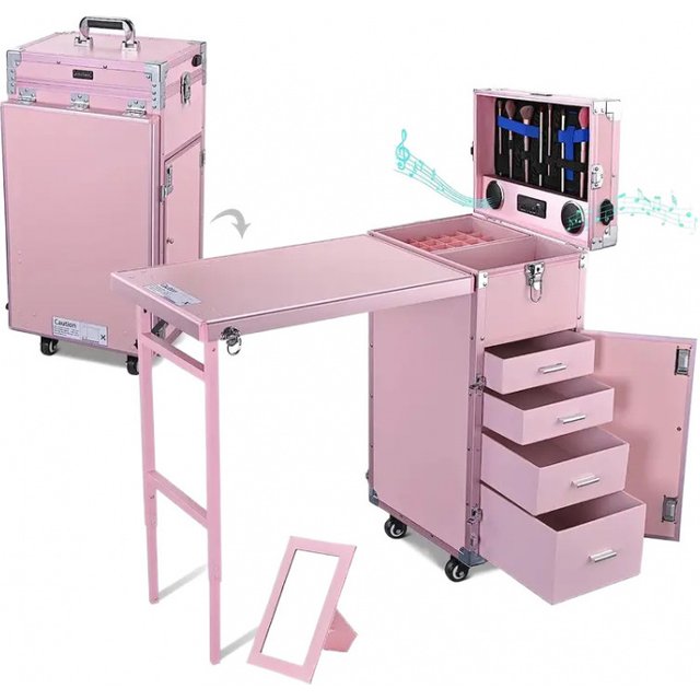 Rolling Manicure Table Foldable Nail Table Makeup Train Case Trolley Travel Storage Organizer with 4 Drawers Mirror & Speaker