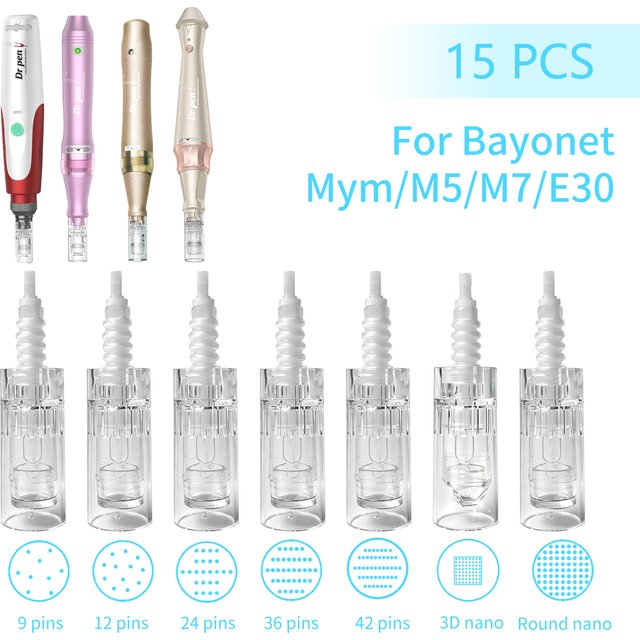 15Pcs Dr Pen Microneedle Cartridge Use for N2/M5/M7/E30, 9/12/24/36/42Pin&Round/Square Nano Use for Facial Needle Length 0.25mm