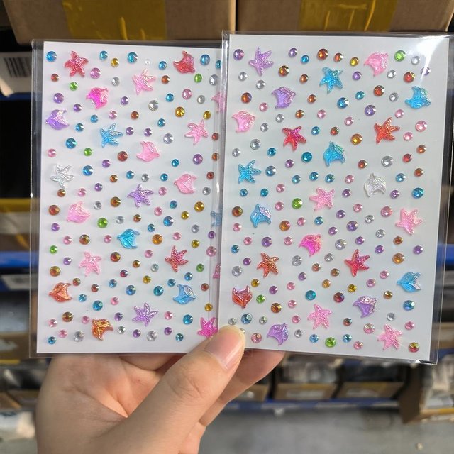 2Sheets Iridescent Starfish Round Face Jewels Tattoo Stickers Star Crystal Gems Fake Tattoo for Eye Body Makeup Rhinestone Decor