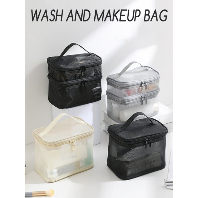 Double Layer Mesh Cosmetic Bag Women's Portable Makeup Toiletry Organiser Pouch With Zipper Large Makeup Pouch For Business Trip