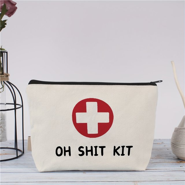 First Aid Cosmetic Bag, Unisex-Adult Red And Natural Color,Positioning Printed "OH SHIT KIT" Emergency Travel Toiletry Pouch