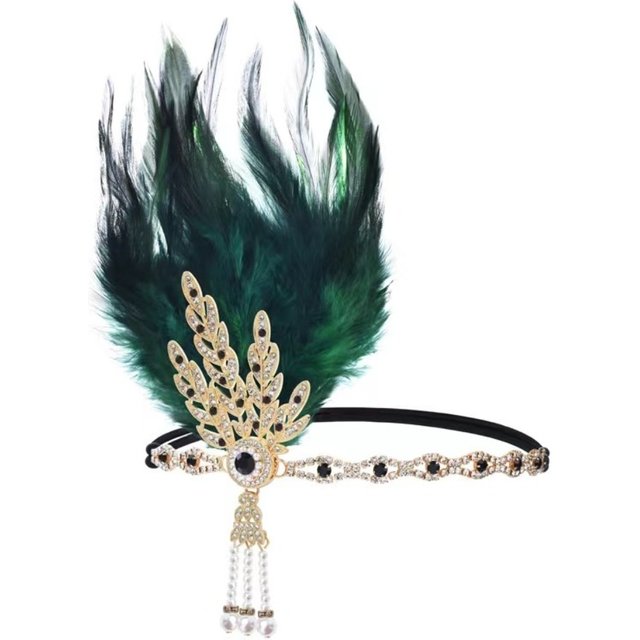 Retro Elegant Feather Headband Vintage Diamond Masquerade Hair Band Makeup Party 1920s Headdress Bridal