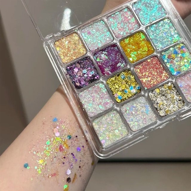 16-Color Sparkling Sequins Eyeshadow Palette Shiny Glitter Gel Self-adhesive High Gloss Body Face Hair Makeup Stage Performance