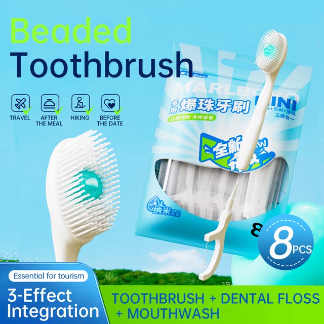 5-in-1 Nano Silicone Bead Portable Toothbrush with Dental Floss Mouthwash Tongue Scraper & Toothpick - Disposable Oral Care Kit