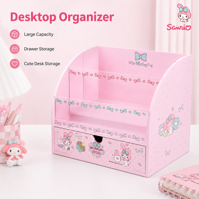 Kawaii My Melody Wooden Desktop Storage Organizer With Drawer Sanrio Large Capacity Makeup Cosmetic Box Multi-grid Desk