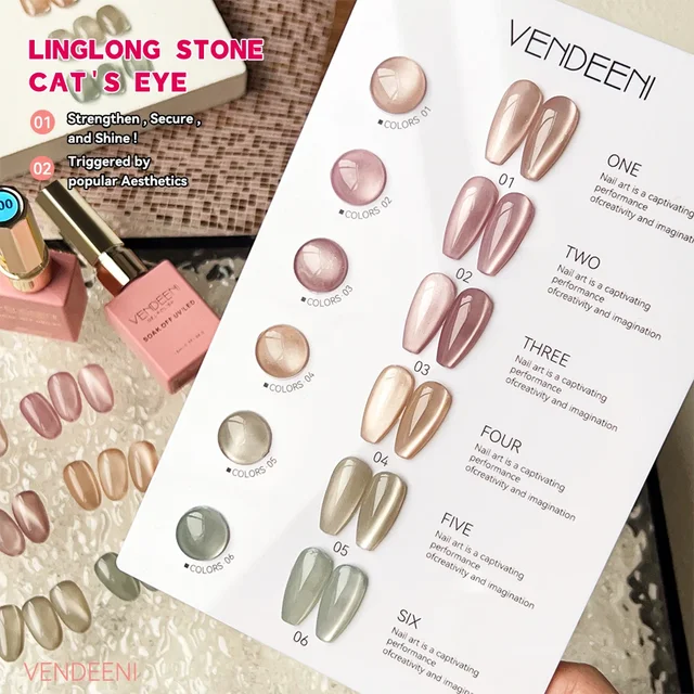 Vendeeni 6 Colors Magnetic Cat Eye Gel Nail Polish Set Pink UV LED Soak Off Gel Varnish Crystal Cat Eye Gel Lacquer With Display