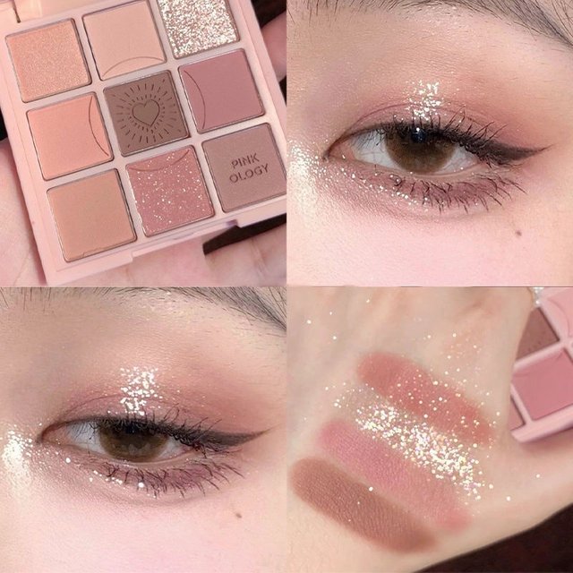 Nine-color eyeshadow palette - matte and shimmer finishes in soft pink shades for an everyday glam look