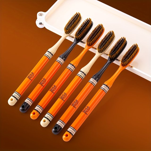 6-Pack Luxury Long-Handle Household Toothbrushes with Wide Heads for Adults, Ultra-Fine Soft Bristles, Enlarged and Lengthened, Couple and Family Pack, Printed Handles, Gum Care, Fine Bristles,