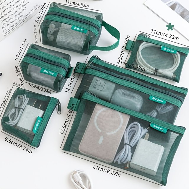 6pcs Transparent Mesh Storage Pouch Makeup Toiletry Bag Travel Organizer Cable Coin Card Key Card Holder Earphone Charger Pouch