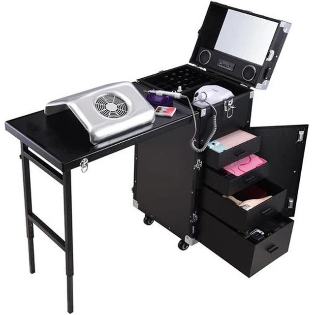 Foldable Manicure Table with Aluminum Trimming, Rolling Makeup Case, 830*420*290mm, Portable Nail Desk, Cosmetic Storage Case