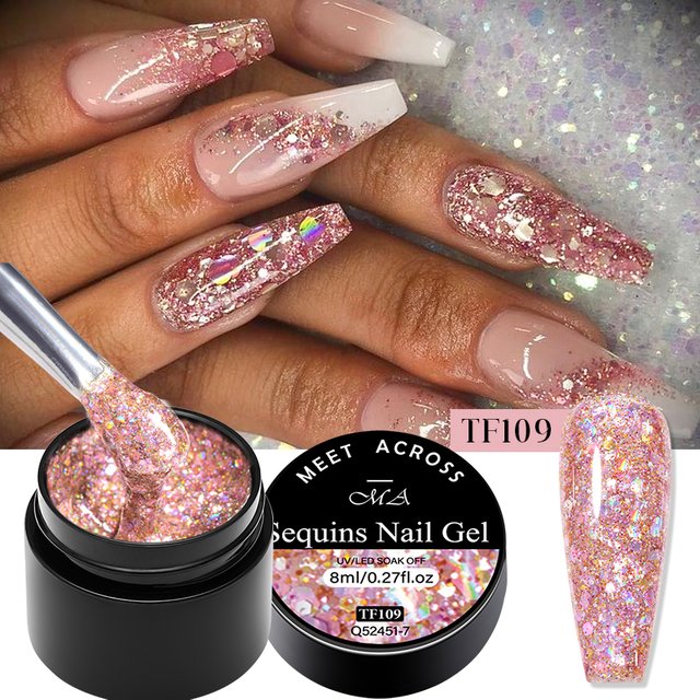 MEET ACROSS 8ml Flash Sequins Gel Nail Polish Gold Silver Pink Painting Gel Liner gel For Nails Glitter UV Nail Glue Nail Art