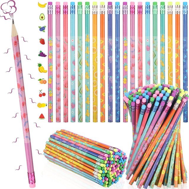 Crayons parfumés avec gomme pour enfants, 60 pièces, cylindre de fruits de couleur Graphite HB, crayons en bois avec éléments de fruits pour fête d'enfants