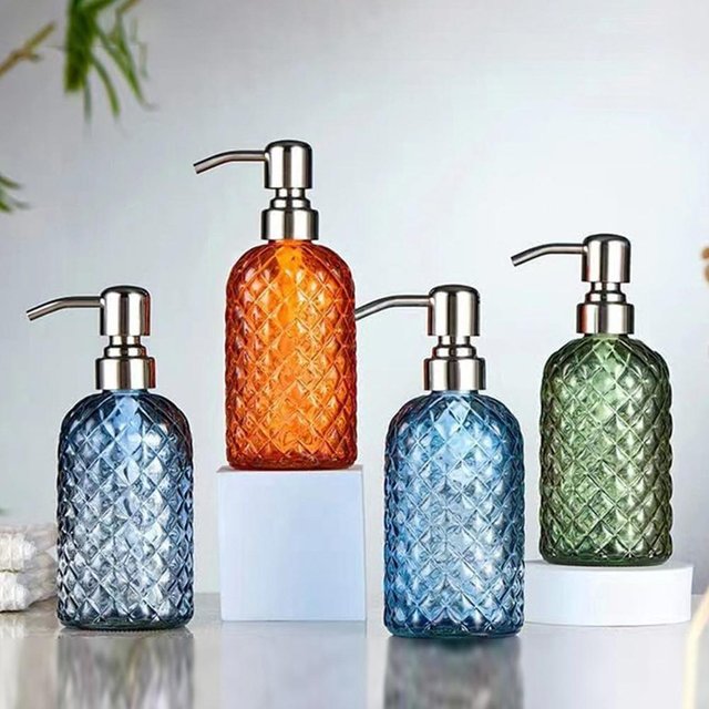 480ML Glass Soap Dispenser Rust Proof Stainless Steel Pump, Gem Patterned Refillable Hand Soap Dispenser for Kitchen Bathroom