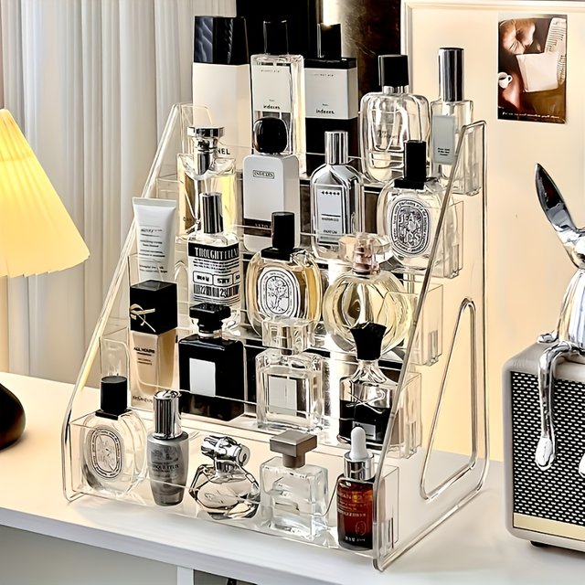 Organisateur élégant pour parfums et cosmétiques en acrylique - Présentoir transparent multicouche, support de rangement élégant pour le comptoir de la coiffeuse