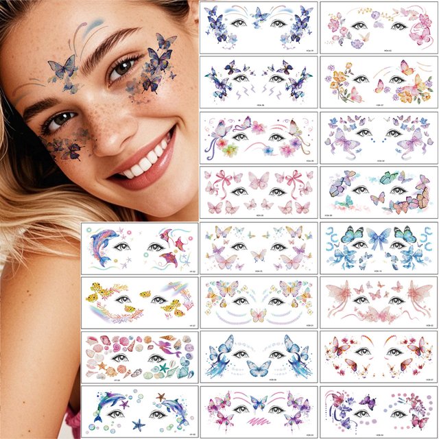 10pcs Glitter Butterfly Flower Fake Tattoo for women Temporary Tattoo Stickers for Face Makeup Eyebrow Decals Party Performance