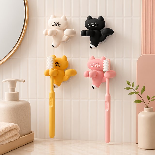 1pc Cute Cat Suction Cup Toothbrush Holder,Wall-Mounted Bathroom Organizer for Toothbrushes,Razors,Loofahs and Small Accessories