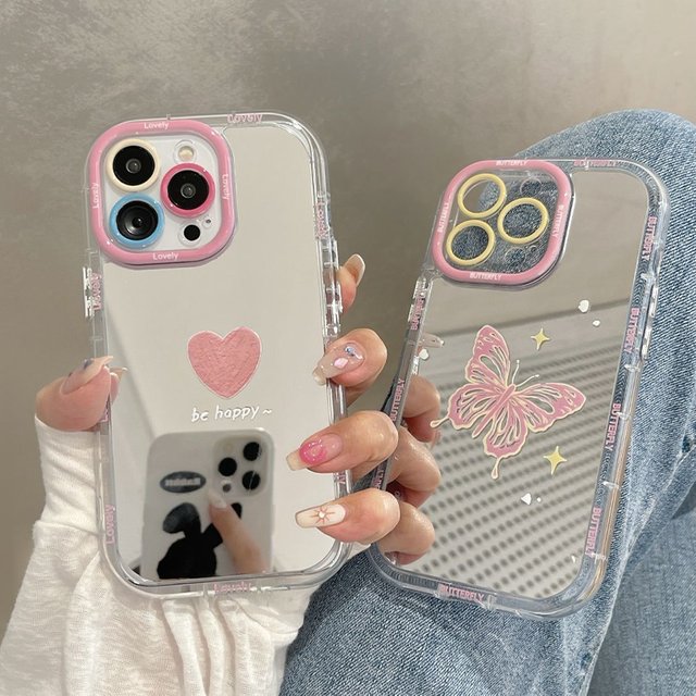 Lovely Love Butterfly Makeup Mirror Case For iPhone 18 17 Air 16 15 14 13 12 Pro Max 16 Plus Silicone Bumper Cute Back Cover Y2k