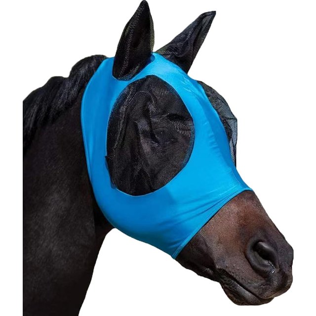 Horse Fly Mask with Ears Lycra Stretchy UV Protection Full Face Mask Anti-Mosquito Breathable Mesh Equine Summer Protection
