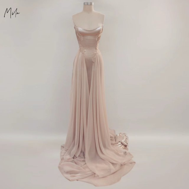 Mila Blush Spaghetti Strap Prom Dresses With Satin Bodice Applique Chiffon Trailing Customized Formal Evening vestidos de gala