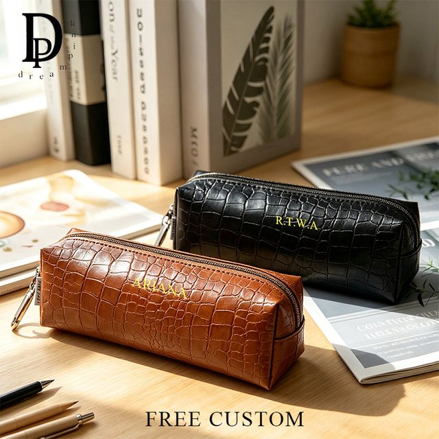 Custom Letters Crocodile Pattern Pen Pouch Zip PU Leather DIY Pen Bag Personalized Wholesale Travel Cosmetic Bag Storage Bags