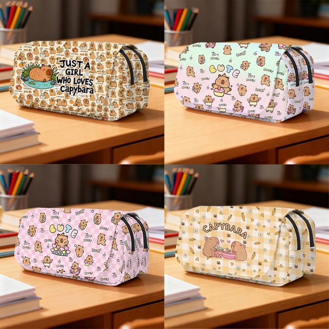Kawaii Animal Capybara Cosmetic Case Pencil Bag Double Layers Stationery Makeup Bag Large Capacity Pencil Box School Supplies