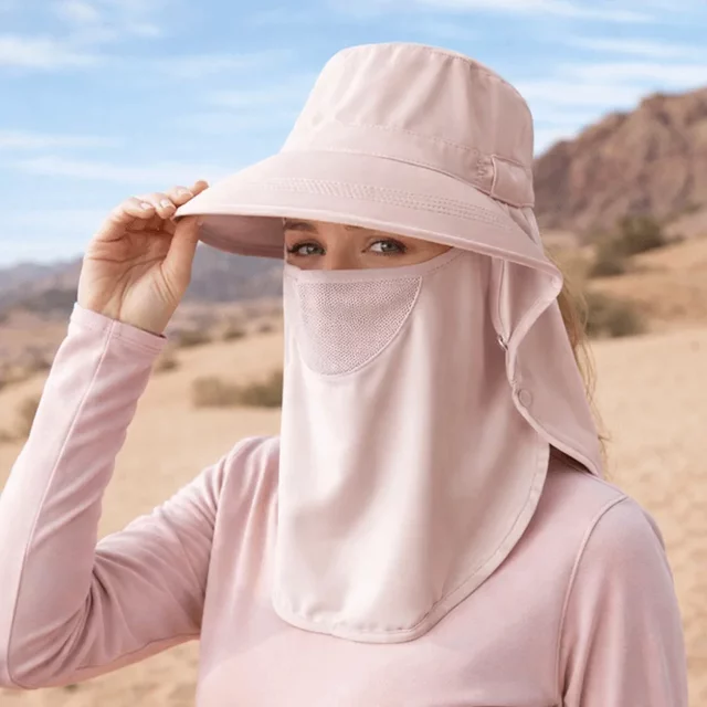 Chapeau de soleil respirant avec masque facial intégré et protection du cou, résistant aux UV, pour femme, été