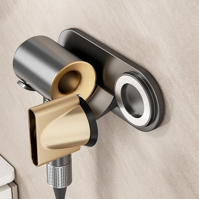 Drill-Free Hair Dryer Stand with Magnetic Ring- Synthetic Plastic Wall Mount for Dyson/Leihen/Kexi, Gray/White