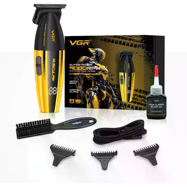 VGR Professional Hair Trimmer for men, 9000 RPM High-Speed Electric Motor, Close Cut Precision DLC Blade, Cordless USB-C Rechargeable Battery, Barber & Home Beard Stubble Grooming, Detailer For Edges