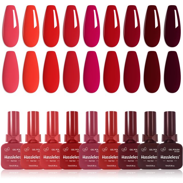 Hassleless 9-Piece Red Nail Polish Set, Presented in a Bow-Shaped Glass Bottle, Creates a Natural, Healthy Red Nail Polish. Quic